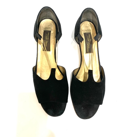 Sesto Meucci Vintage Black Suede Ballet Flats Gold Chain Gold Metal Heel D’orsay - Picture 3 of 15
